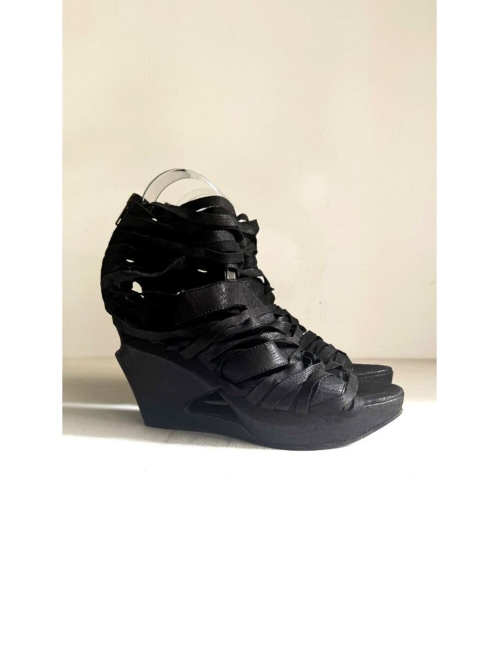 LD Tuttle Black leather Strip Detail Wedge Sandals